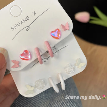 DAIIIBABYYY  -  Pink Glass Heart Butterfly Stud Earrings Set White Flower Korean Fashion Women Sweet Earring Jewelry Piercing brincos